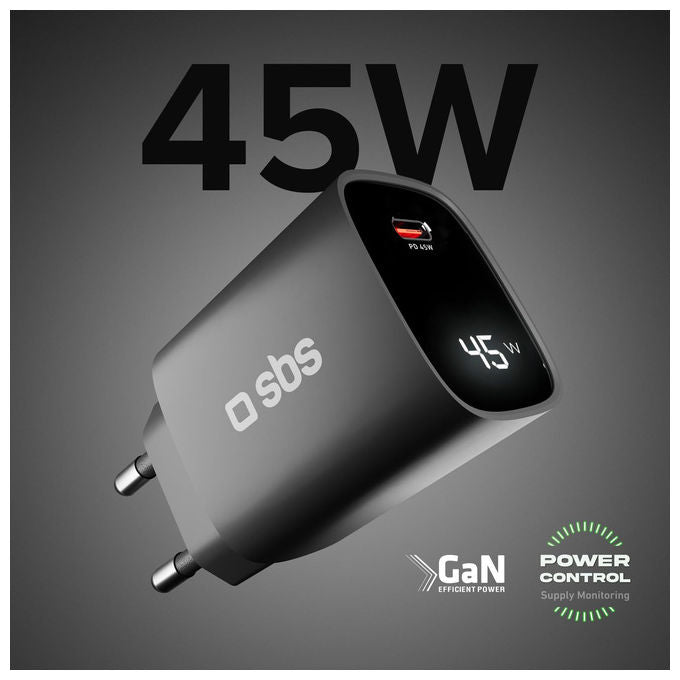 Sbs, Alimentatore USB-C 45W, Tecnologia GaN, Power Delivery, Display LCD, Nero