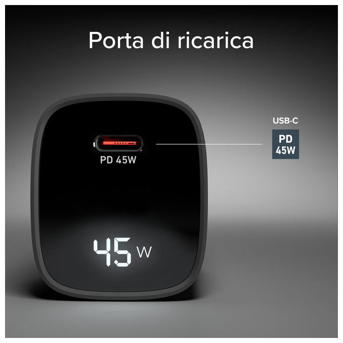 Sbs, Alimentatore USB-C 45W, Tecnologia GaN, Power Delivery, Display LCD, Nero