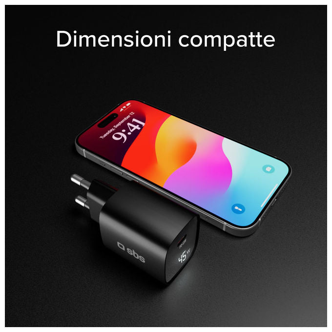 Sbs, Alimentatore USB-C 45W, Tecnologia GaN, Power Delivery, Display LCD, Nero