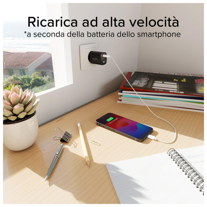 Sbs, Alimentatore USB-C 45W, Tecnologia GaN, Power Delivery, Display LCD, Nero