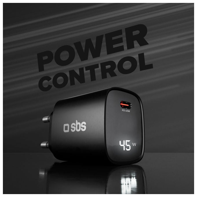 Sbs, Alimentatore USB-C 45W, Tecnologia GaN, Power Delivery, Display LCD, Nero