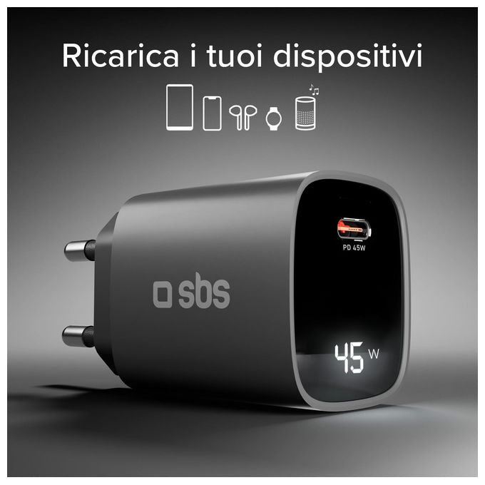 Sbs, Alimentatore USB-C 45W, Tecnologia GaN, Power Delivery, Display LCD, Nero