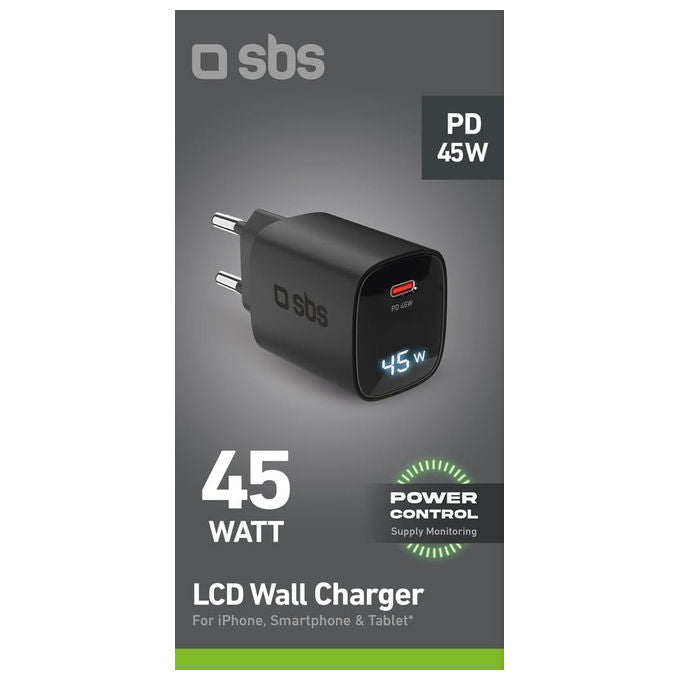 Sbs, Alimentatore USB-C 45W, Tecnologia GaN, Power Delivery, Display LCD, Nero