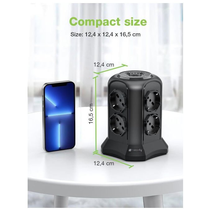Techly IUPS-PCP-TOWER02 Multipresa a Torretta Salvaspazio 8 Posti Italiana Schuko 2 USB-A 2 USB-C 4000W 16A colore Nero