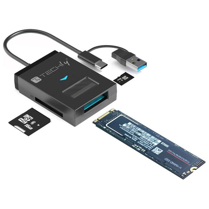 Techly, Adattatore USB - A - USB - C a NVMe - SATA M.2, Lettore Memorie SD - TF, Nero - Yeppon