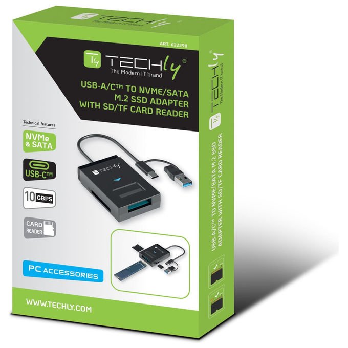 Techly, Adattatore USB - A - USB - C a NVMe - SATA M.2, Lettore Memorie SD - TF, Nero - Yeppon