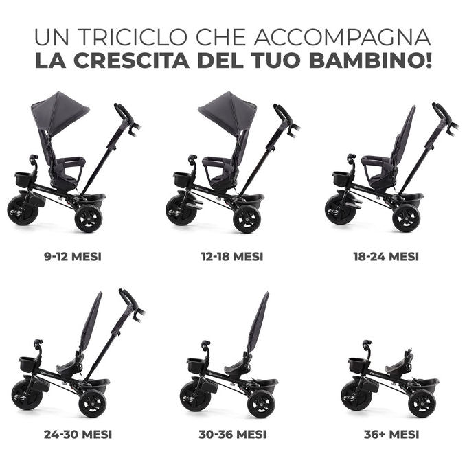 Kinderkraft Triciclo Aveo Evolutivo con Maniglione Regolabile Sedile Girevole Grigio Malachite