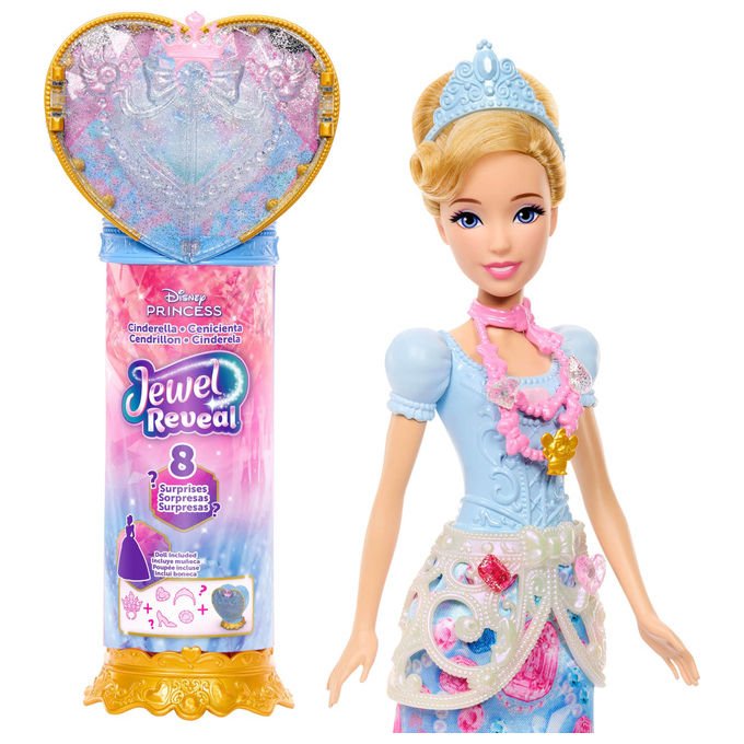 Mattel Disney Princess Cenerentola Jewel Reveal Bambola con 9 Accessori Portagioie e Anello