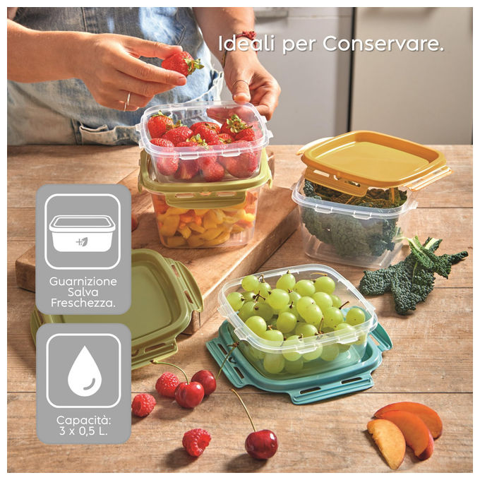 Snips Set 3 Contenitori per Alimenti Mixcolor 0.5L Coperchio Salva Freschezza 14.7x14.7x8 Made in Italy