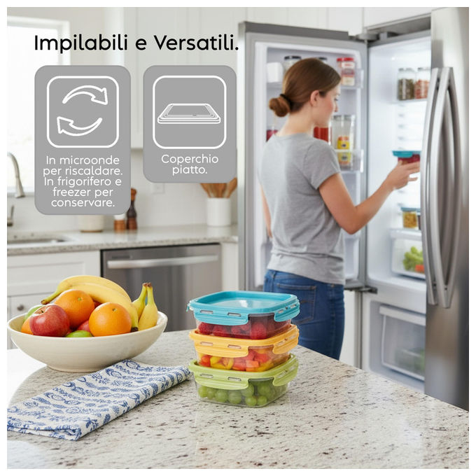 Snips Set 3 Contenitori per Alimenti Mixcolor 0.5L Coperchio Salva Freschezza 14.7x14.7x8 Made in Italy