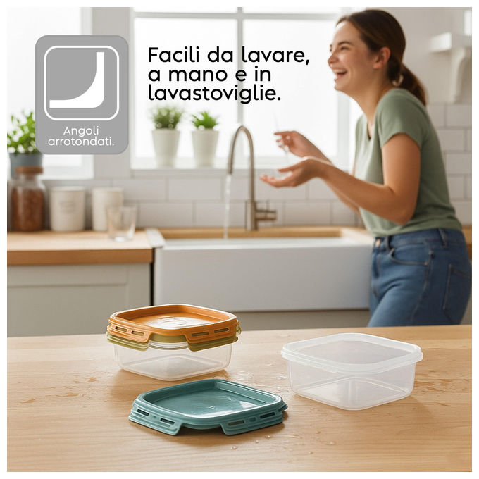 Snips Set 3 Contenitori per Alimenti Mixcolor 0.5L Coperchio Salva Freschezza 14.7x14.7x8 Made in Italy