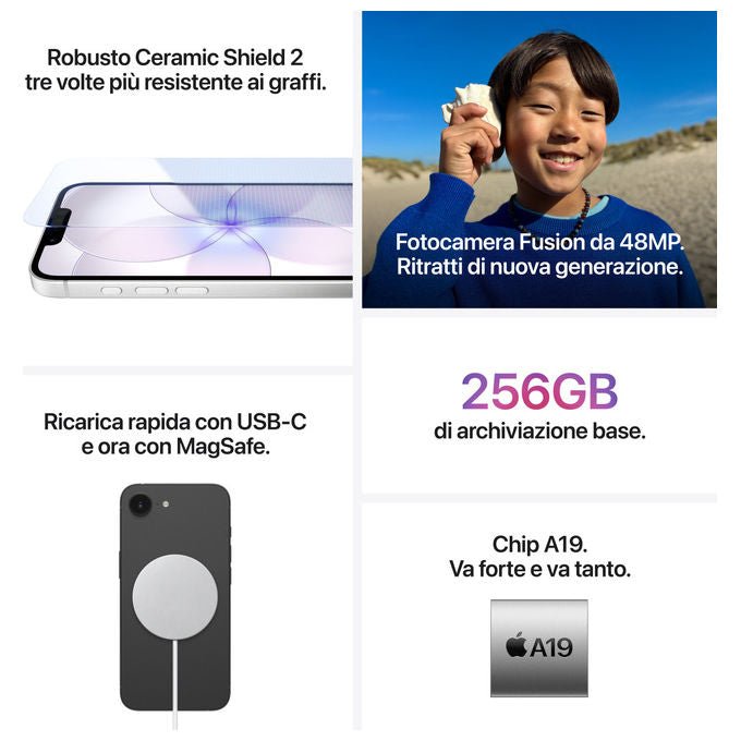 Apple MHRX4QL-A iPhone 17e Smartphone 256GB Display 6,1'' OLED chip A19 Fotocamera 48MP 5G MagSafe colore Rosa Cipria