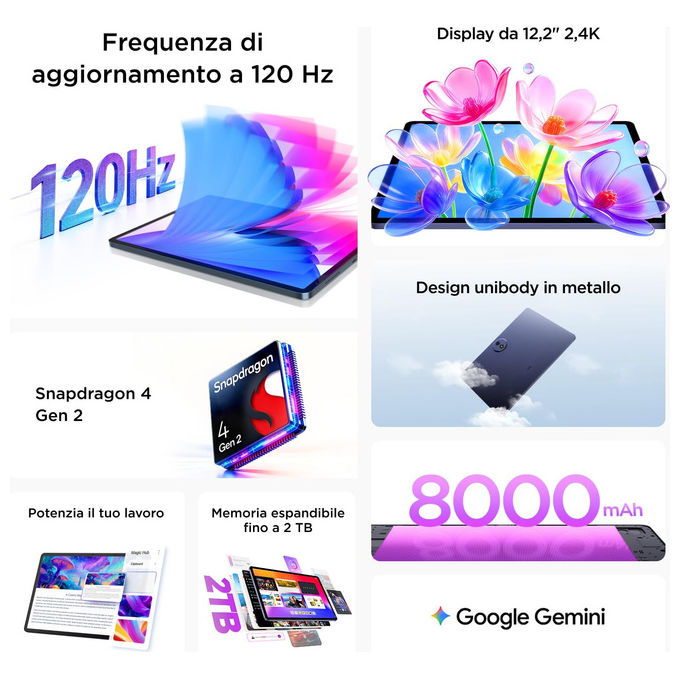 TCL Tab A1 Plus 9445X1-2ALCA111-3 Tablet Android Scherno 12.2 2.4K 6GB RAM + 128GB ROM Wifi Fotocamera frontale 5MP e posteriore 8MP Blu siderale in bundle con Flip Cover e T-Pen