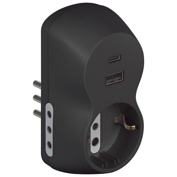 Bticino Adattatore Advance B3 Presa Schuko Tedesca USB A+C 2 Prese 10A 1500W Antracite