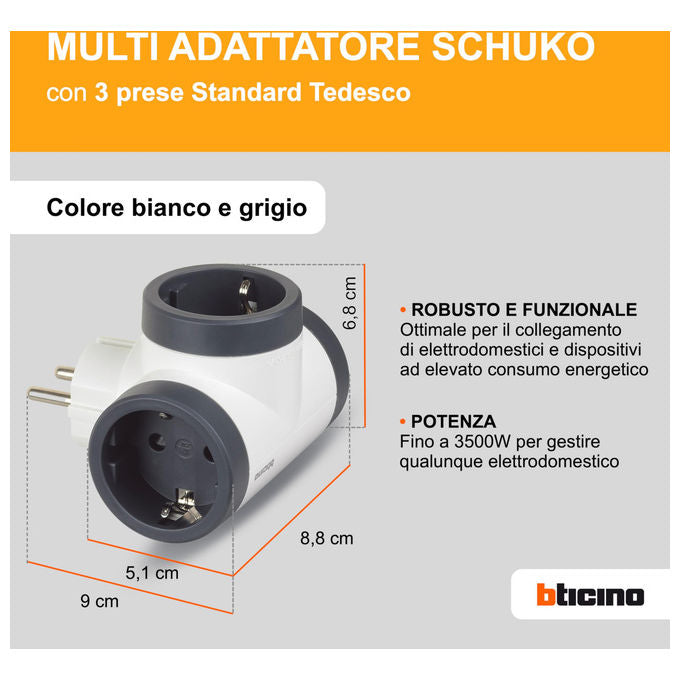 Bticino Adattatore Multipresa 3 Posti Standard Tedesco Schuko 16A 3500W Bianco Grigio