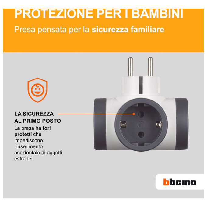 Bticino Adattatore Multipresa 3 Posti Standard Tedesco Schuko 16A 3500W Bianco Grigio