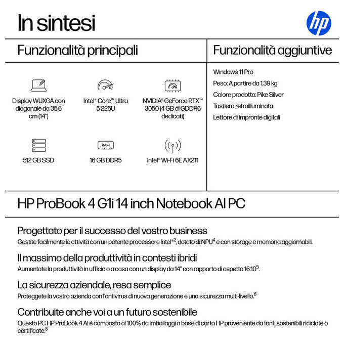 HP ProBook 4 G1i Notebook Ai Pc 14 Pollici Intel Core Ultra 5 225U 16 Gb Ram 512 Gb Ssd Argento Windows 11 Pro