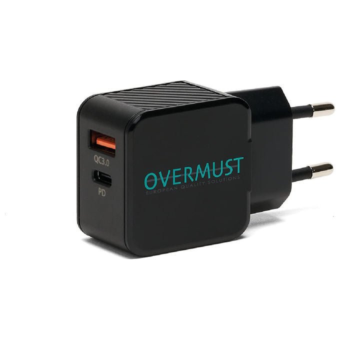 Overmust Caricatore da Muro 25W 2 Porte USB - C PD e USB - A QC 3.0 Nero Compatibile con iPhone - Yeppon