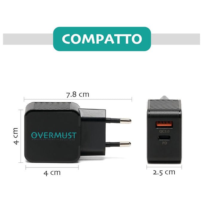 Overmust Caricatore da Muro 25W 2 Porte USB - C PD e USB - A QC 3.0 Nero Compatibile con iPhone - Yeppon