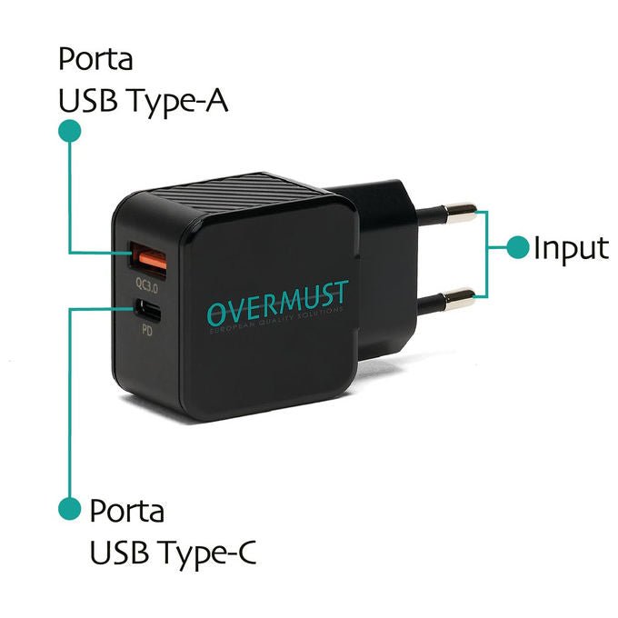 Overmust Caricatore da Muro 25W 2 Porte USB - C PD e USB - A QC 3.0 Nero Compatibile con iPhone - Yeppon