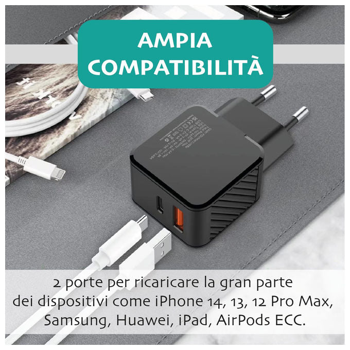 Overmust Caricatore da Muro 25W 2 Porte USB - C PD e USB - A QC 3.0 Nero Compatibile con iPhone - Yeppon