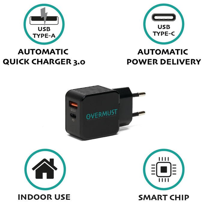Overmust Caricatore da Muro 25W 2 Porte USB - C PD e USB - A QC 3.0 Nero Compatibile con iPhone - Yeppon