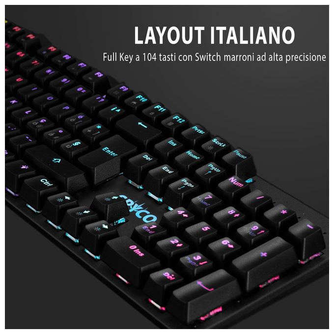 Spyco Tastiera Meccanica Italiana Retroilluminata LED Anti-Ghosting 25 Tasti Switch Marroni Nera