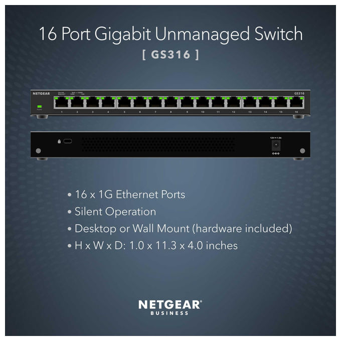 Netgear Switch Gigabit a 16 Porte GS316 Montaggio Desktop o a Parete