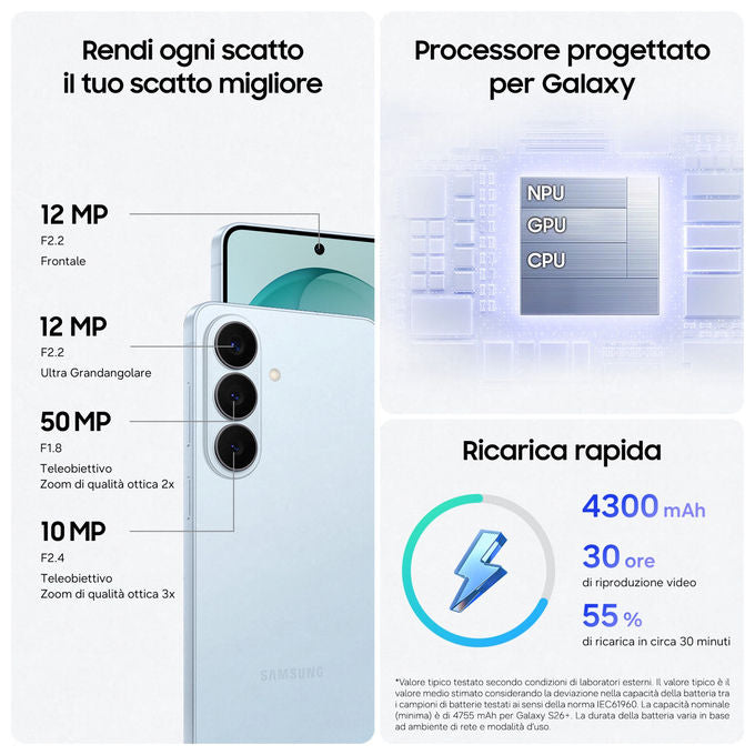 Samsung Galaxy S26 Smartphone AI 512GB Nero Camera 50 MP Processore Exynos 2600