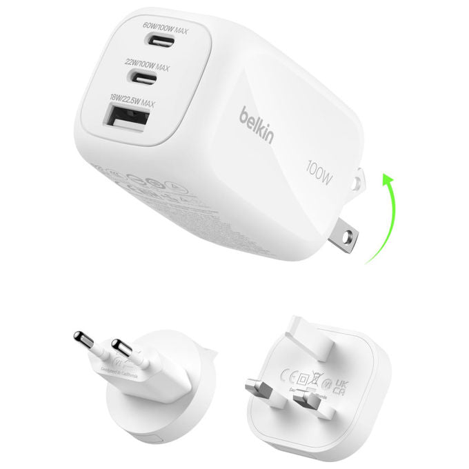 Belkin Caricabatteria da muro GaN 100W 2 USB-C 1 USB-A Ricarica Rapida per MacBook iPhone Samsung Bianco