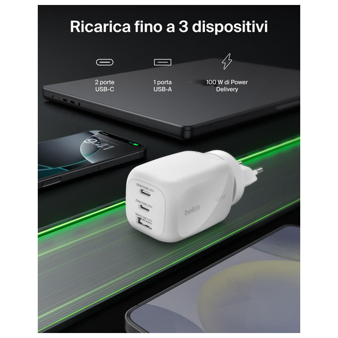 Belkin Caricabatteria da muro GaN 100W 2 USB-C 1 USB-A Ricarica Rapida per MacBook iPhone Samsung Bianco