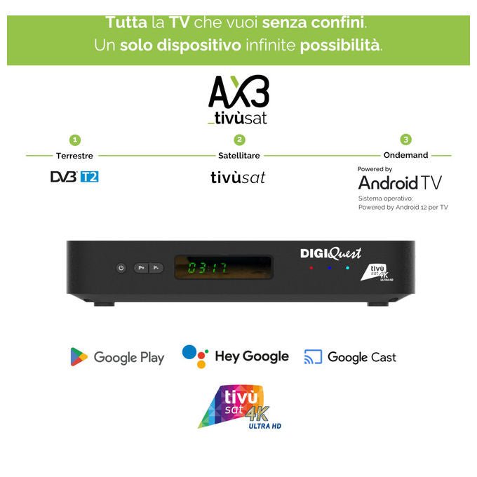 Digiquest Decoder Combo 4K Triplo Tuner DVB-T2-S2 tivu'sat Android TV Controllo Vocale Google Cast Smartcard Inclusa