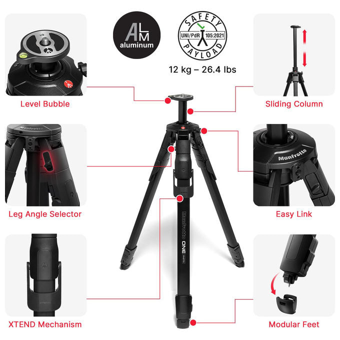 Manfrotto ONE Photo Treppiede professionale in alluminio portata 12kg colonna 90° nero