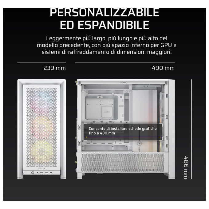 Corsair Case Midi-Tower ATX 4000D RS ARGB Bianco 3 Ventole RS ARGB per PC Gaming