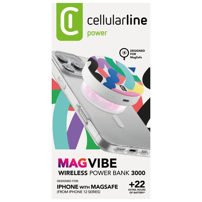 Cellularline Mag Vibe 3000, power bank MagSafe 3000 mAh, ricarica wireless 5W, porta USB-C 12W, compatibile iPhone, bianco