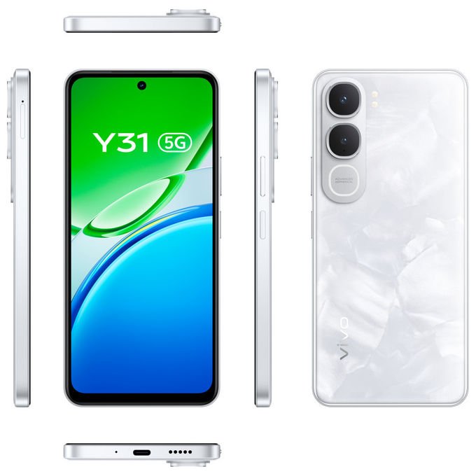 Vivo Y31 5G smartphone, Snapdragon 4 Gen 2, 6 GB RAM, 512 GB, display 6.72'' 120 Hz, batteria 6500 mAh, IP68 IP69, bianco