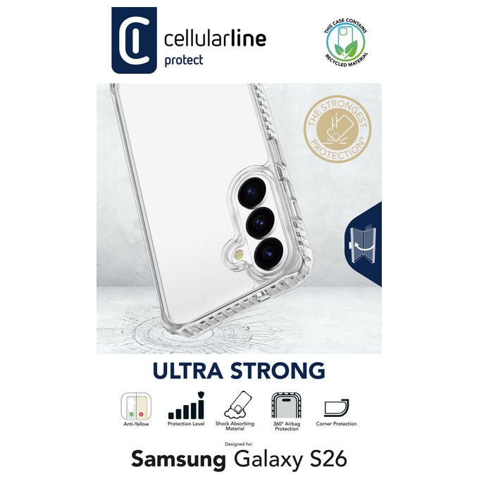 Cellularline cover ultra protettiva trasparente, Samsung Galaxy S26, anti-shock, camere d'aria, bordi rialzati, antibatterica, military test