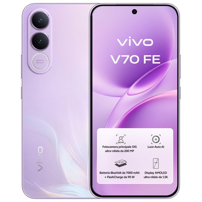 Vivo V70 Fe, smartphone 5G, 6,83'' AMOLED 120 Hz, 200 MP, 8 GB RAM, 256 GB, batteria 7000 mAh, IP68, Viola