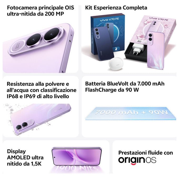 Vivo V70 Fe, smartphone 5G, 6,83'' AMOLED 120 Hz, 200 MP, 8 GB RAM, 256 GB, batteria 7000 mAh, IP68, Viola