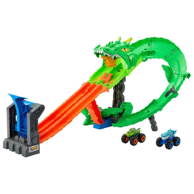 Hot Wheels monster trucks pista demolizione del drago, set con 2 veicoli in scala 1:64, playset sharks vs dinos, dai 4 anni