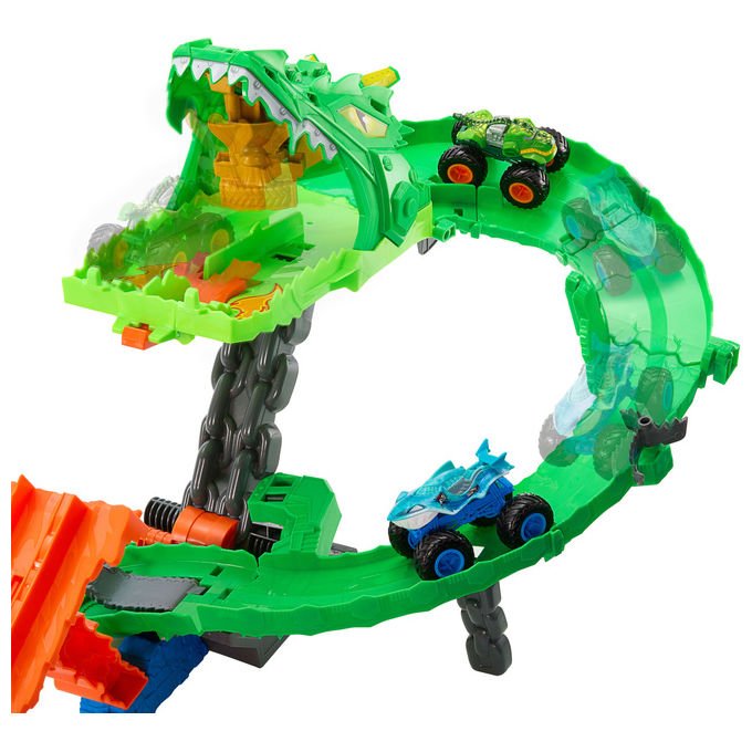Hot Wheels monster trucks pista demolizione del drago, set con 2 veicoli in scala 1:64, playset sharks vs dinos, dai 4 anni