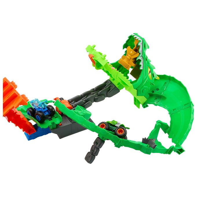 Hot Wheels monster trucks pista demolizione del drago, set con 2 veicoli in scala 1:64, playset sharks vs dinos, dai 4 anni