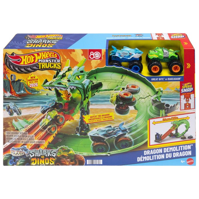 Hot Wheels monster trucks pista demolizione del drago, set con 2 veicoli in scala 1:64, playset sharks vs dinos, dai 4 anni