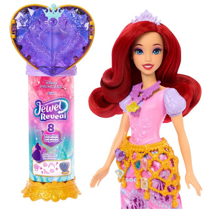 Mattel Disney Princess Jewel Reveal, bambola Ariel, 8 sorprese, gemma e tiara, gonna rimovibile, 31,75 cm, eta' 3+