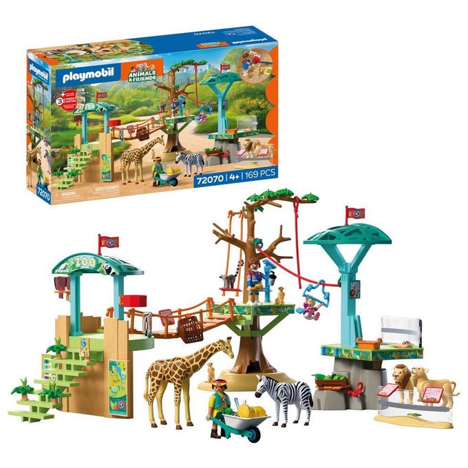 Playmobil zoo parco avventura con animali 72070, 3 piattaforme, funivia, ponte sospeso, 9 animali, dai 4 anni