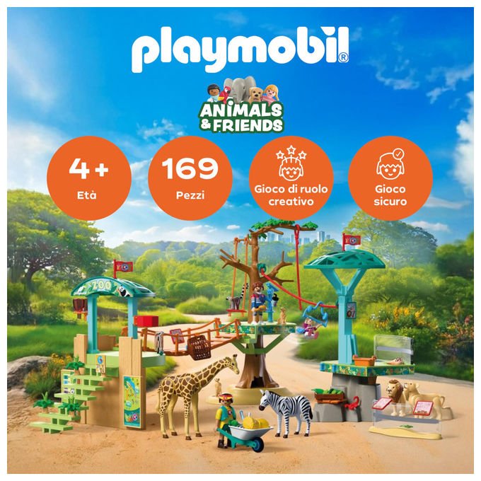 Playmobil zoo parco avventura con animali 72070, 3 piattaforme, funivia, ponte sospeso, 9 animali, dai 4 anni