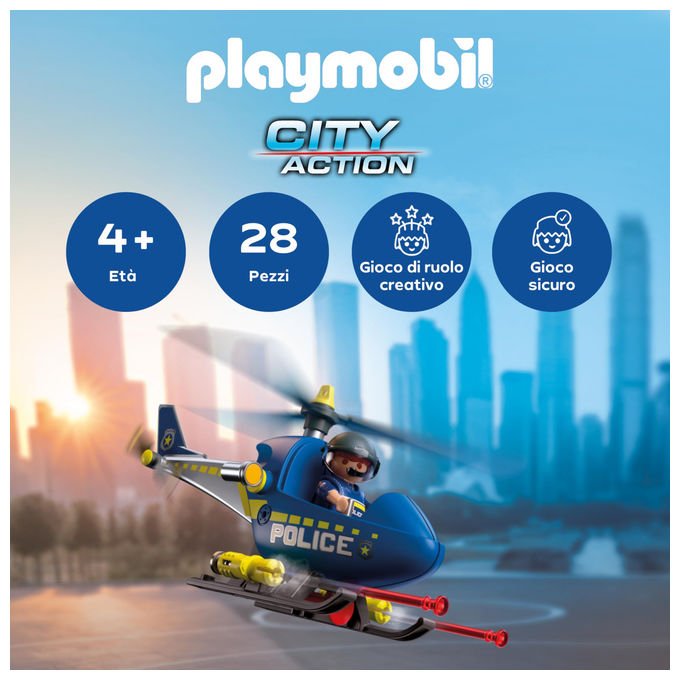 Playmobil elicottero della polizia 72080, City Action, rotori mobili, cannoni funzionanti, agente con casco, dai 4 anni