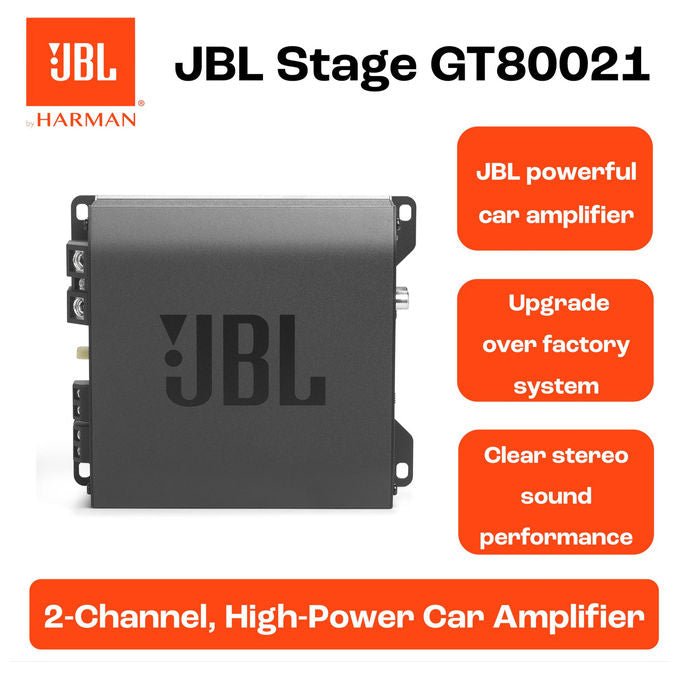 JBL Stage GT80021 amplificatore auto 2 canali, 800W peak, 130W RMS, classe D, bass EQ, filtri HPF LPF, compatto