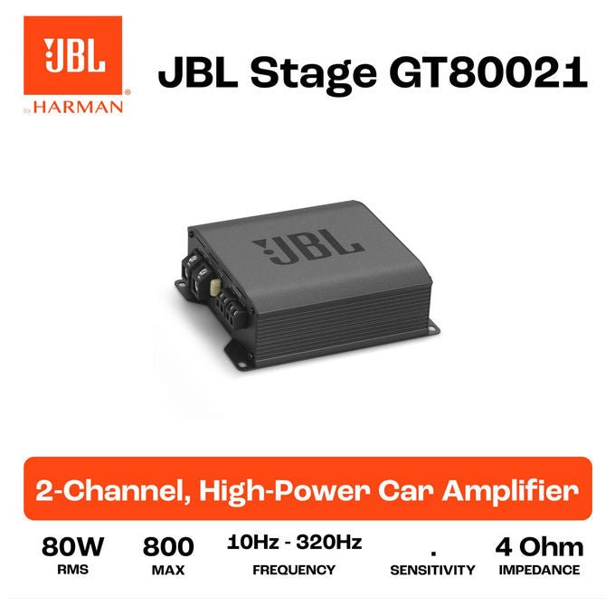 JBL Stage GT80021 amplificatore auto 2 canali, 800W peak, 130W RMS, classe D, bass EQ, filtri HPF LPF, compatto