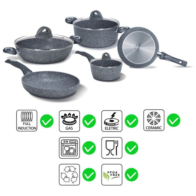 Aeternum Madame 3.0 batteria di pentole 8 pezzi, rivestimento Petravera Pro, antiaderente, adatta a induzione, alluminio, grigio